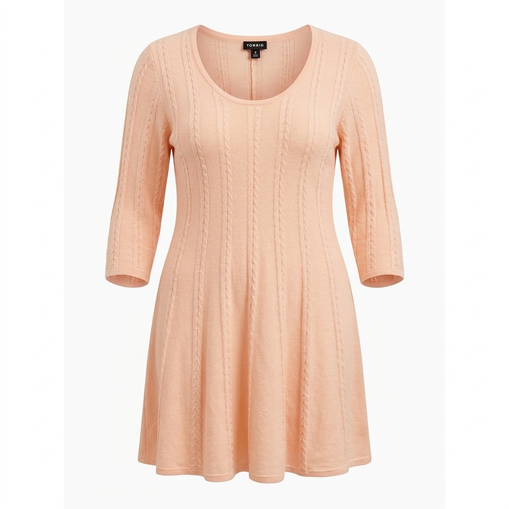 Torrid peach cable knit sweater dress with scoop neckline, long sleeves, rib tri